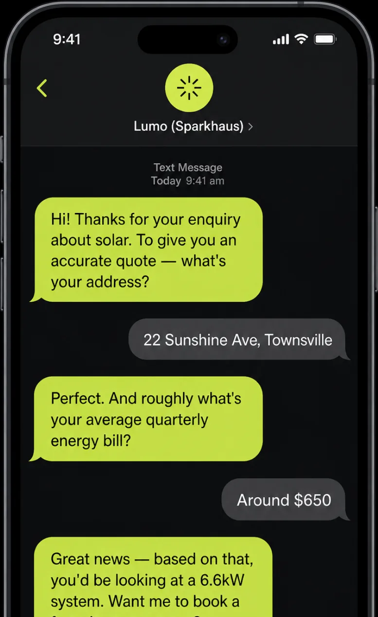 Automated SMS conversation where Lumo qualifies a solar lead by asking for their address and energy bill