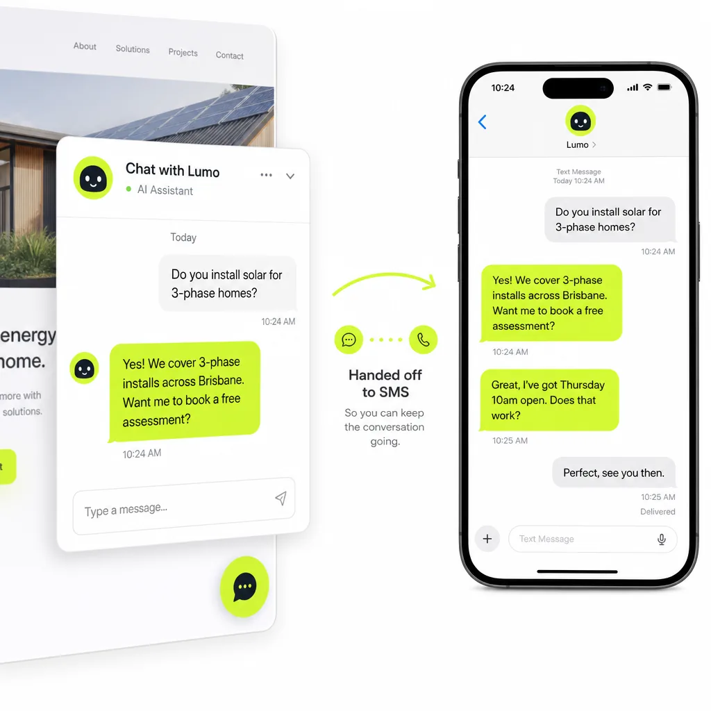 Sparkhaus AI chat widget handing off to an SMS conversation with a solar customer