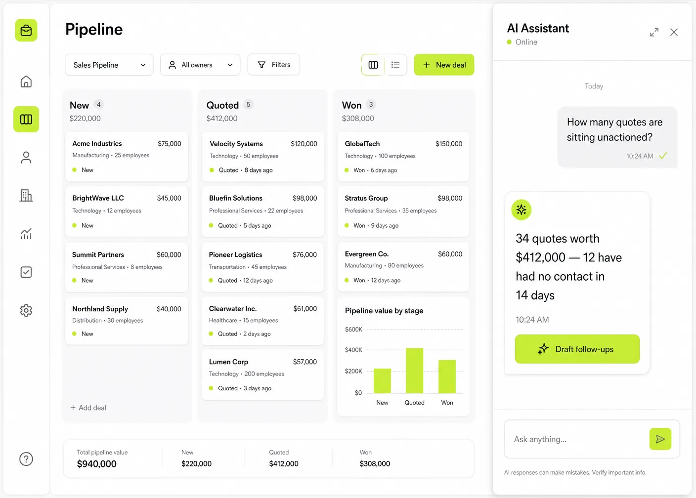 Talk to Lumo answering a pipeline question inside the Sparkhaus dashboard